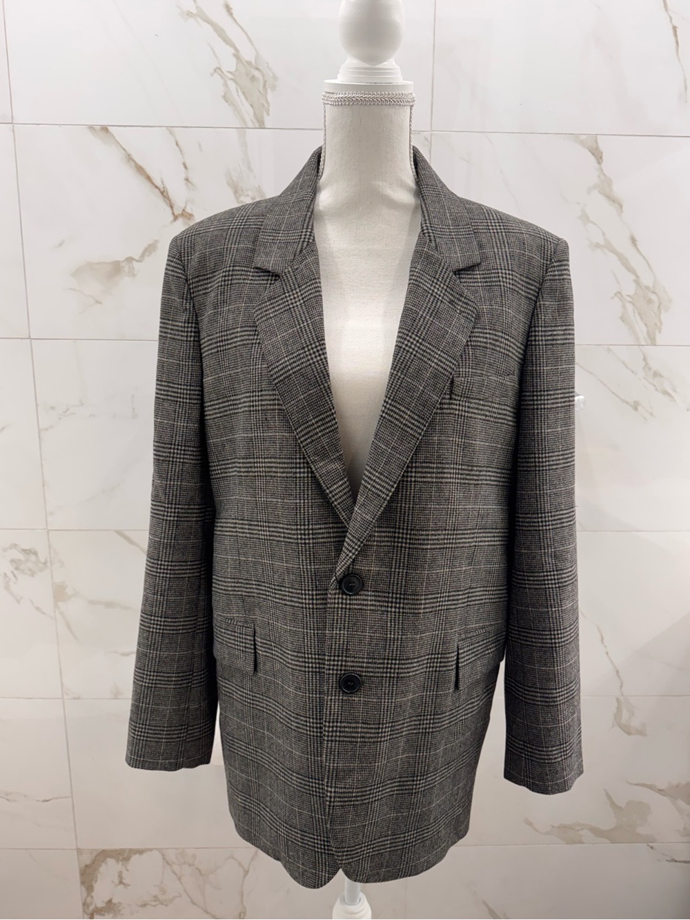 ZARA Women's Plaid Grey Double -Button Blazer